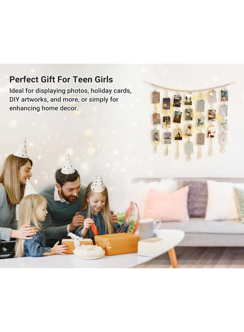 YelaJoy Hanging Photo Display Wall Decor with String Lights, Boho Wooden Beads Garland Collage Picture Card Frame Holder with 45 Clips for Bedroom Living Room Dorm, Teen Girls Gifts - Image 4